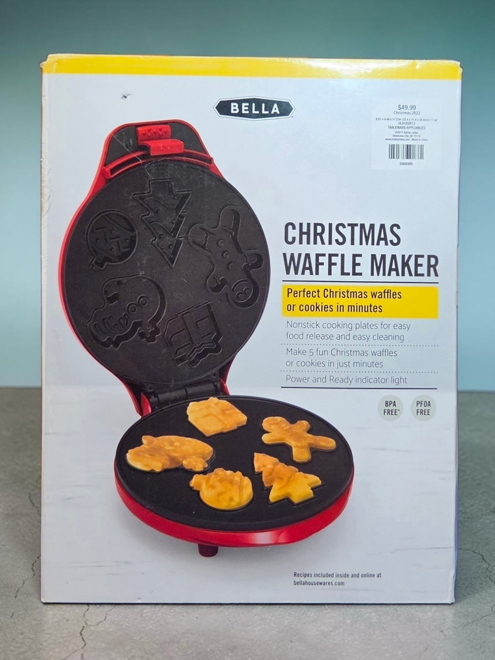 Bella Red Christmas Waffle Maker Holiday Shapes Nonstick 5-Shape